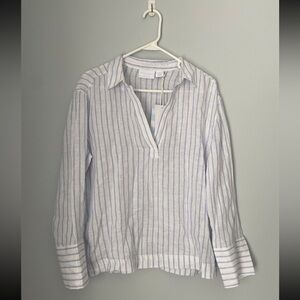 White blue striped linen flax long sleeve shirt blouse Martha Stewart sz small